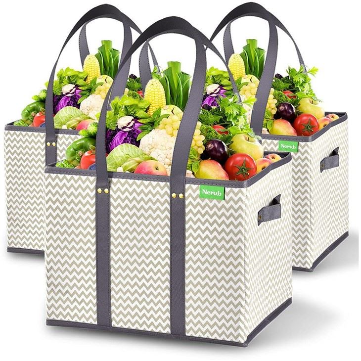 3Pk Reusable Grocery Bags, Foldable Shopping Box Bags For Groceries With Reinforced Bottom